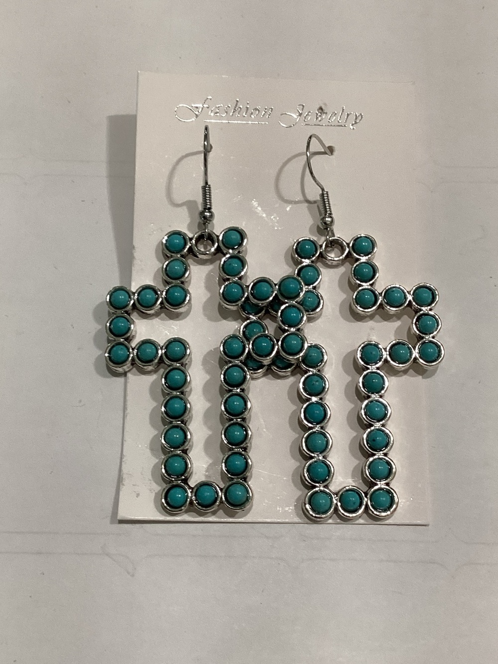 Fashion Jewelry Turquoise Cross Dangle Earrings - Silver Tone